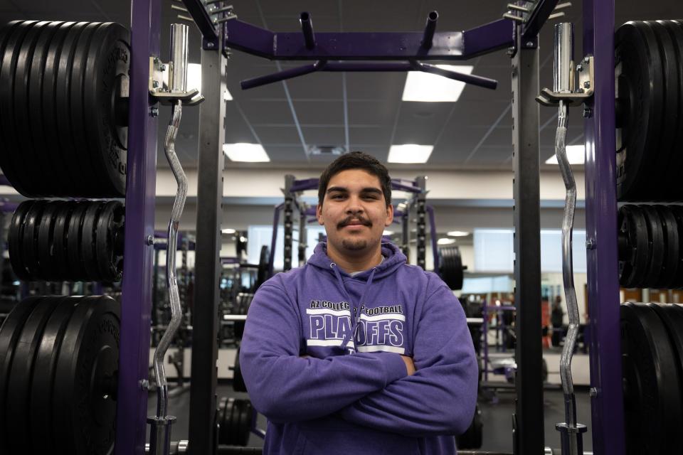 A portrait of Marco Palafox in the weight room, January 30, 2023, at Arizona College Prep High School, Chandler, Arizona.