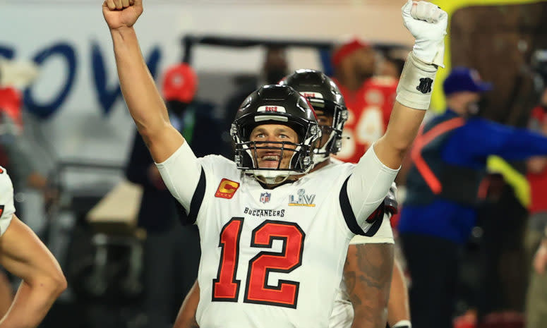 Tampa Bay Buccaneers quarterback Tom Brady celebrates another Super Bowl ring.