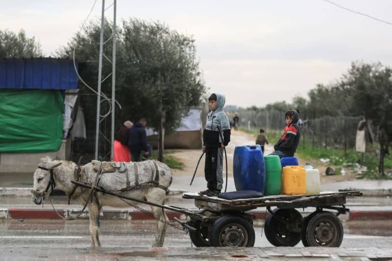 Palestinian children ride on a cart carrying plastic containers to fill with water from a tank in a camp for IDP near Rafah border crossing, amid the ongoing battles between Israel and the Palestinian Islamist group Hamas. Mohammed Talatene/dpa