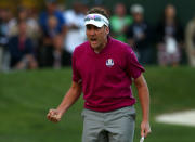 Ian Poulter of Europe celebrates after making birdie on the 16th green during day two of the Afternoon Four-Ball Matches for The 39th Ryder Cup at Medinah Country Club on September 29, 2012 in Medinah, Illinois. (Photo by Mike Ehrmann/Getty Images)