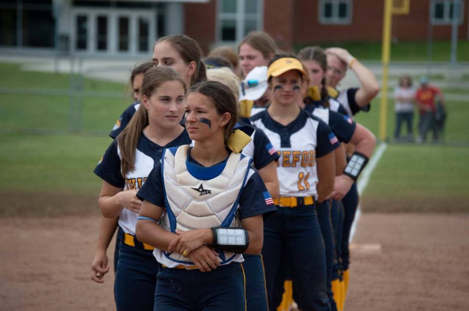 Whiteford's softball team lines up at the Division 4 Regional at Sand Creek last week. The Bobcats breezed to that title and will play Kalamazoo Christian today in the state quarterfinals at Kalamazoo College.