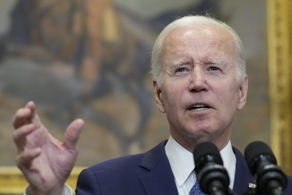 President Joe Biden speaks in the Roosevelt Room of the White House, Sunday, May 28, 2023, in Washington. (AP Photo/Manuel Balce Ceneta)