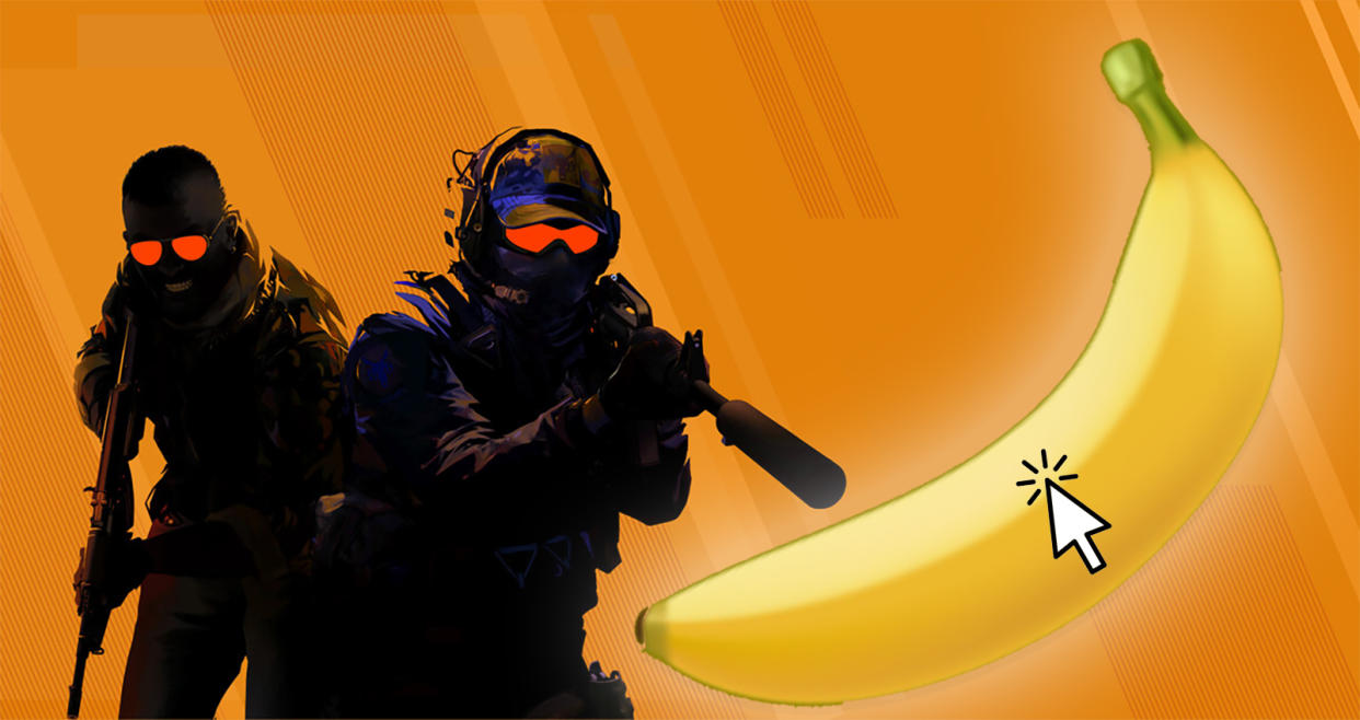  People holding guns approaching large banana. 