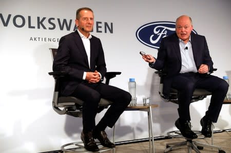 Ford President and CEO Jim Hackett and Volkswagen AG CEO Dr. Herbert Diess attend a news conference in New York