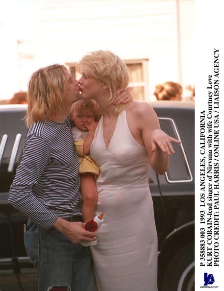 <p>Kurt Cobain with wife Courtney Love in 1993 and their daughter, Frances Bean Cobain. Frances will be 27 this year.</p>