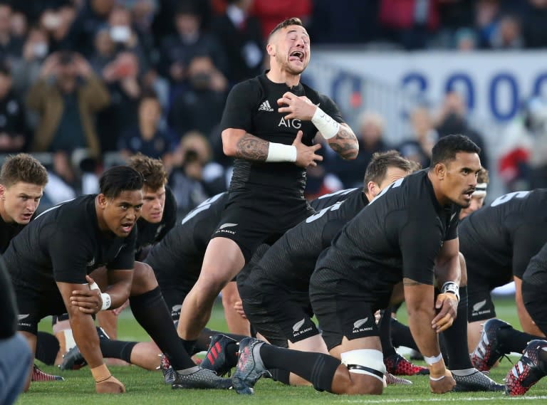 New Zealand All Blacks' players perform the haka ahead of a rugby union Test match at Eden Park in Auckland, in October 2016