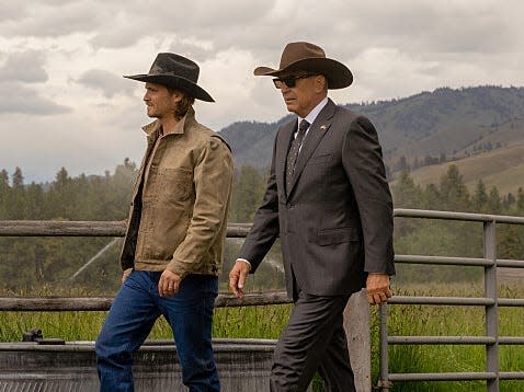Kayce Dutton (Luke Grimes) and John Dutton (Kevin Costner) in "Yellowstone' season five.