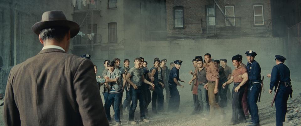 "West Side Story," 2021: Lieutenant Schrank (Corey Stoll, far left) breaks up a fight between the Jets and Sharks.