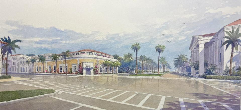 The Wells Fargo Bank site redevelopment project on South County Road at Royal Palm Way is depicted at the left of this rendering. Straight ahead on Royal Palm Way is the beach.