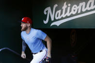 Washington Nationals pitcher Stephen Strasburg walks out of the clubhouse to participate in a baseball workout, Friday, Oct. 18, 2019, in Washington, in advance of the team's appearance in the World Series. (AP Photo/Patrick Semansky)