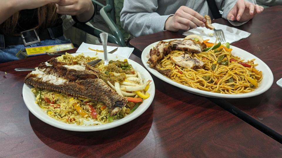 Augustana students enjoy food at Neighborhood Market restaurant during an Augustana University Halal market shopping trip Saturday, March 9, 2024, in Sioux Falls, South Dakota.