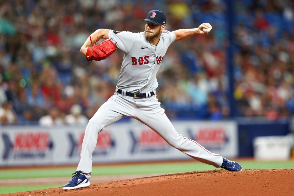 Boston Red Sox starting pitcher Chris Sale throws a pitch against the Tampa Bay Rays in the first inning at Tropicana Field on July 12, 2022.