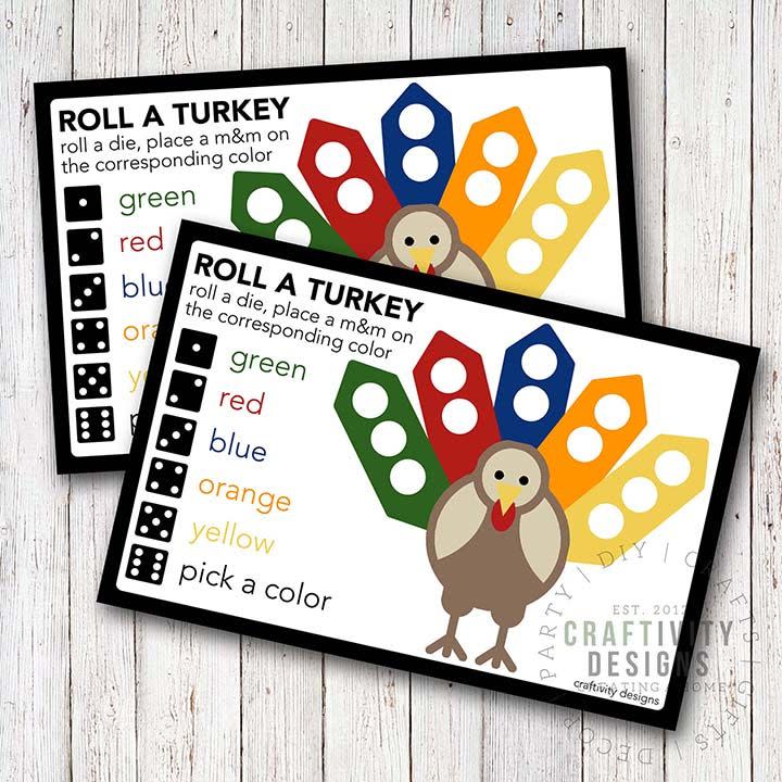 <p>This game can be played at the table after the dishes are cleared — roll the dice, and put the correct-colored M&M on the turkey card. Whoever fills theirs up first wins!</p><p><em><a href="https://www.unoriginalmom.com/roll-turkey-free-thanksgiving-game-kids/" rel="nofollow noopener" target="_blank" data-ylk="slk:Get the printable card at Unoriginal Mom »" class="link ">Get the printable card at Unoriginal Mom »</a></em> </p>