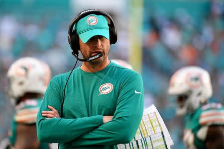 FILE PHOTO: Dec 23, 2018; Miami Gardens, FL, USA; Miami Dolphins head coach Adam Gase reacts during the second half against the Jacksonville Jaguars at Hard Rock Stadium. Mandatory Credit: Jasen Vinlove-USA TODAY Sports