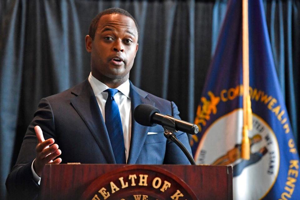 Kentucky Attorney General Daniel Cameron discusses the results of a grand jury investigation in the Breonna Taylor case Sept. 23 in Frankfort, Ky. Of the three Louisville Metro Police Department officers investigated in Taylor's death in March, one was indicted on charges of recklessly shooting into a neighboring apartment.