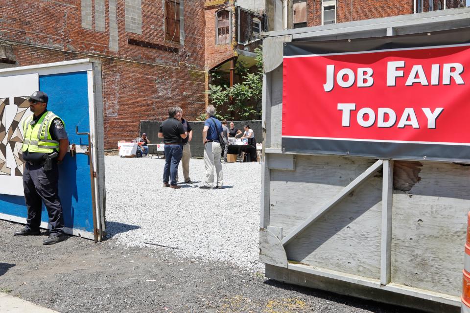 A job fair hosted by D.F. Pray held at the former Keystone Building location on Union Street in New Bedford. Nineteen subcontractors were on hand looking for local workers.