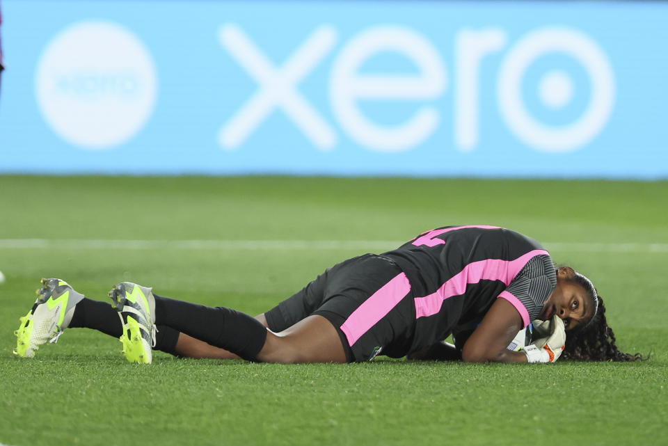 Panama's goalkeeper Yenith Bailey reacts during the Women's World Cup Group F soccer match between Brazil and Panama in Adelaide, Australia, Monday, July 24, 2023. (AP Photo/James Elsby)