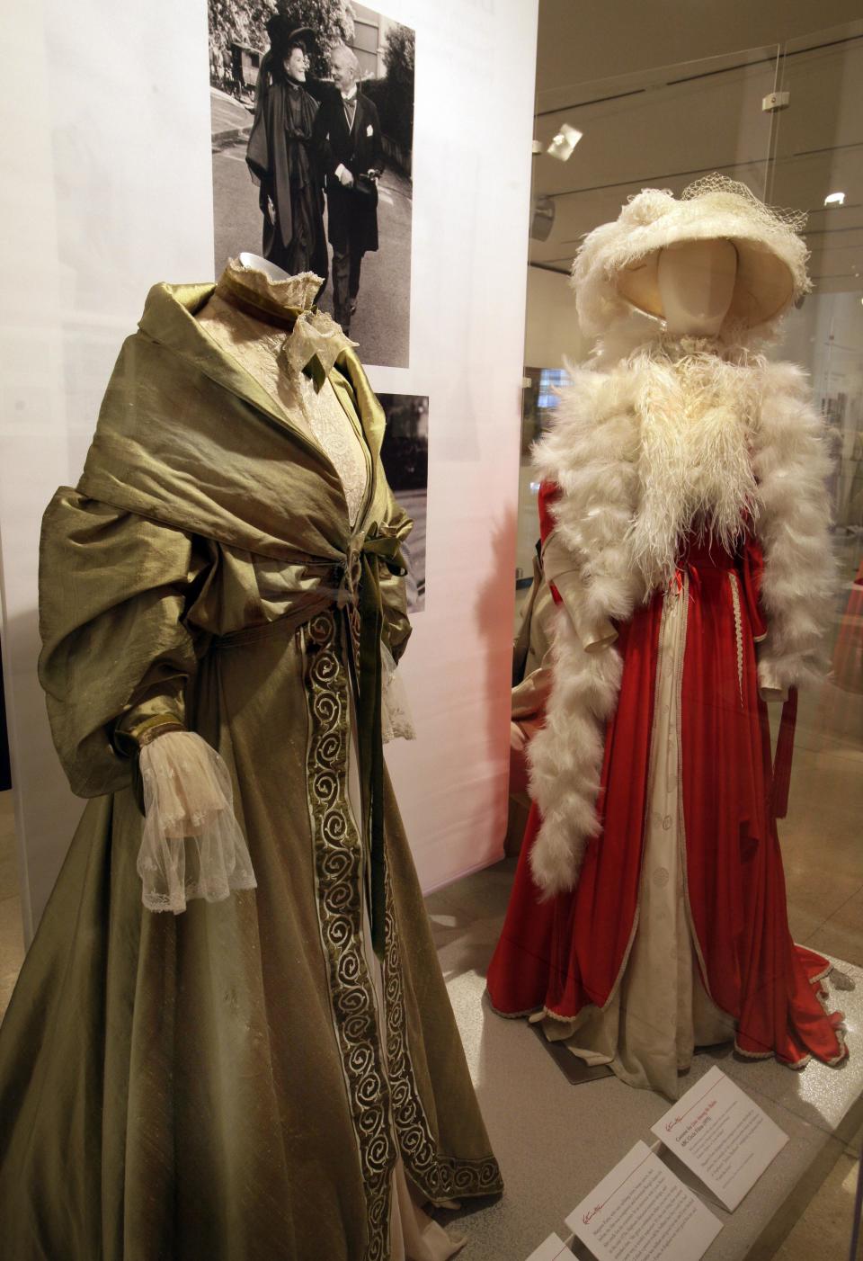 Two designs by Margaret Furse and Germinal Rangel, from the 1975 ABC Circle Films production of "Love Among the Ruins," are shown as part of the "Katharine Hepburn: Dressed for Stage and Screen" exhibit in the New York Public Library for the Performing Arts at Lincoln Center, Tuesday, Oct. 16, 2012. (AP Photo/Richard Drew)