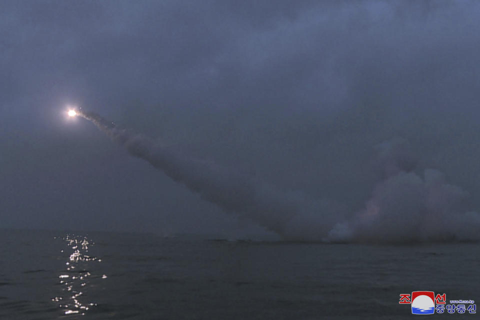 This photo provided by the North Korean government shows what it says is a cruise missile the country test-fired from a submarine off the east coast of North Korea early Sunday, March 12, 2023. Independent journalists were not given access to cover the event depicted in this image distributed by the North Korean government. The content of this image is as provided and cannot be independently verified. Korean language watermark on image as provided by source reads: "KCNA" which is the abbreviation for Korean Central News Agency. (Korean Central News Agency/Korea News Service via AP)