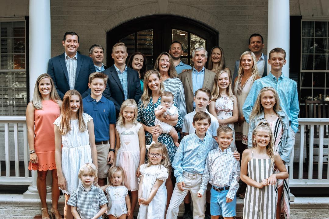 Georgia basketball coach Mike White (back row, middle) on July 19, 2019 with family in Durham, N.C. Back row: Brian White, Chris Treadway, Paul Chappell, Maureen Treadway, Jane White, Mike White, Kevin White. Kira White,. Shawn White, Danny White. Middle row: Paige White, Fiona Treadway, Gabe Treadway, Maggie White, Mariah Chappell, Kevin Chappell, Collin White, Rylee White, Molly White, Aidan White. Front row: Dillon White, Emerson White, Callahan White, Keegan White, James White and Caitlin White.