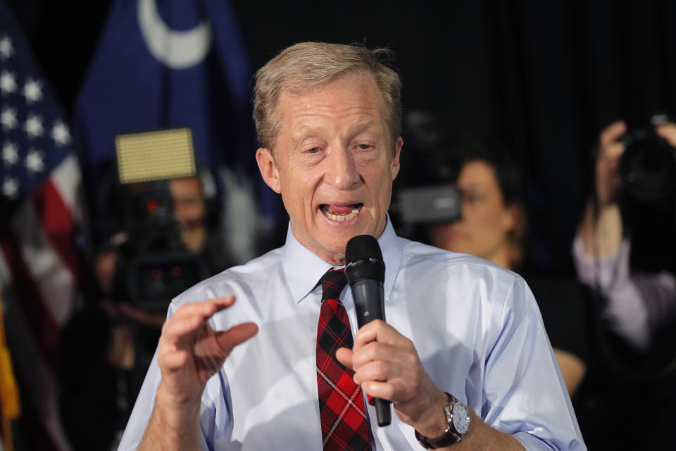 Democratic presidential candidate Tom Steyer speaks at a campaign event in Myrtle Beach, S.C., Wednesday, Feb. 26, 2020. (AP Photo/Gerald Herbert)