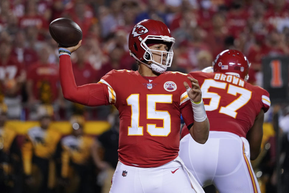 Kansas City Chiefs quarterback Patrick Mahomes passes against the Los Angeles Chargers during an NFL football game Thursday, Sept. 15, 2022, in Kansas City, Mo. (AP Photo/Ed Zurga)