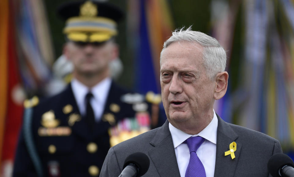 FILE -In this Sept. 21, 2018, file photo, Defense Secretary Jim Mattis speaks during the 2018 POW/MIA National Recognition Day Ceremony at the Pentagon in Washington. President Donald Trump says Mattis will be retiring at the end of February 2019 and that a new secretary will be named shortly. (AP Photo/Susan Walsh, file)