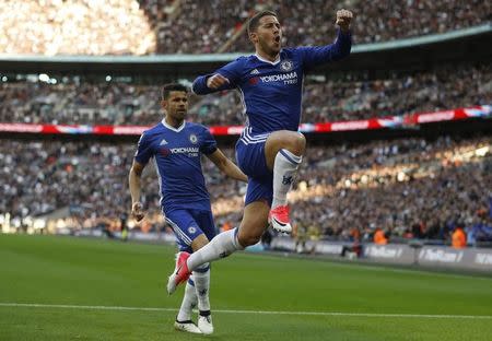 Britain Soccer Football - Tottenham Hotspur v Chelsea - FA Cup Semi Final - Wembley Stadium - 22/4/17 Chelsea's Eden Hazard celebrates scoring their third goal with Diego Costa Reuters / Peter Nicholls Livepic