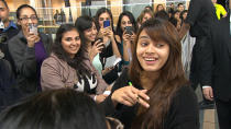 Shalmali Kholgade sings an excerpt of 'Lat Lag Gayi' to fans at the Vancouver airport