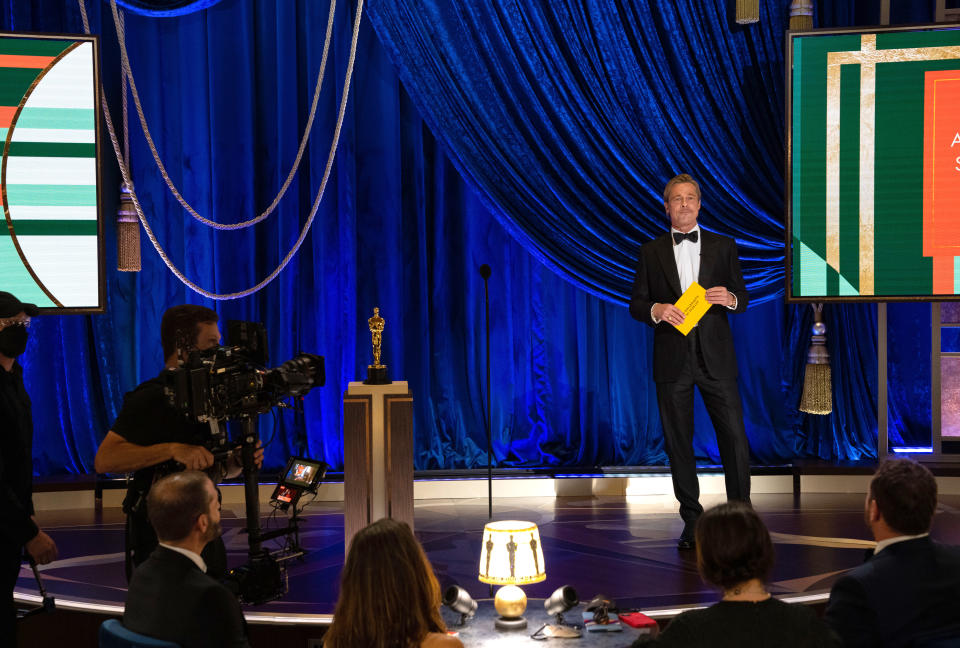 LOS ANGELES, CALIFORNIA &#x002013; APRIL 25: In this handout photo provided by A.M.P.A.S., Brad Pitt speaks onstage during the 93rd Annual Academy Awards at Union Station on April 25, 2021 in Los Angeles, California. 