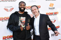 <p>Baron Davis and David Arquette are all smiles at the <em>Domino: Battle of the Bones</em> premiere in L.A. on June 9.</p>