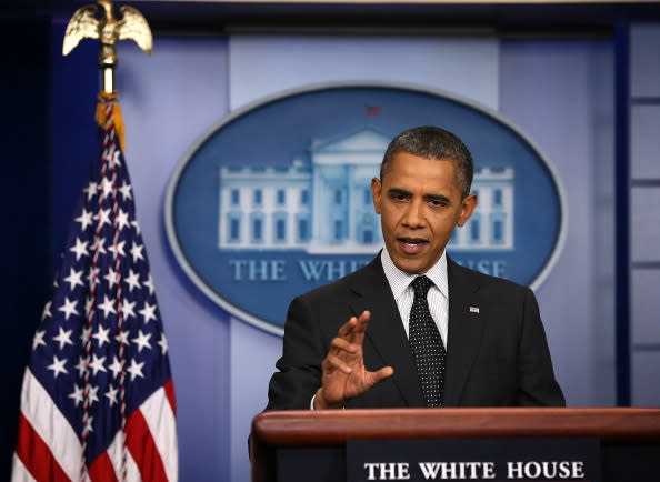 U.S. President Barack Obama speaks during the daily briefing at the James Brady Press Briefing Room of the White House August 20, 2012 in Washington, DC. Obama made a surprised visit to the briefing and answered questions from the White House press corps. (Photo by Alex Wong/Getty Images)