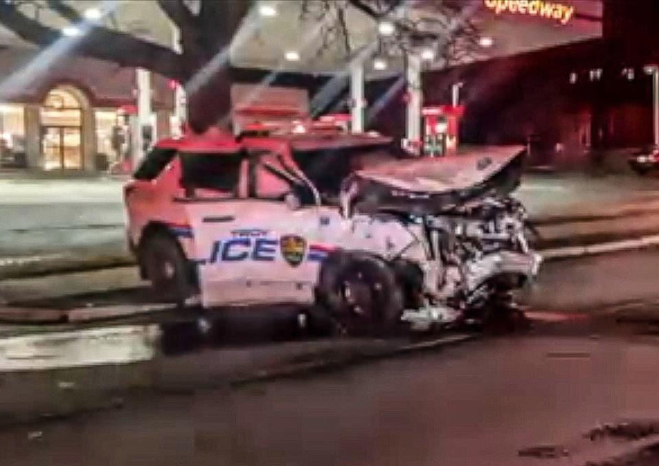 A still frame from a video showing the aftermath of a Feb. 2023 crash between a vehicle driven by Troy police officer Justin Byrnes and the car being driven by Sabeeh Alalkawi, pizza delivery driver at the intersection of Hoosick and 15th streets in Troy. Alalkawi was killed in the crash after Byrnes sped through the intersection while responding to a 911 call.