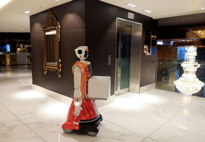 AI-powered robots work at the Hotel Sky in Johannesburg