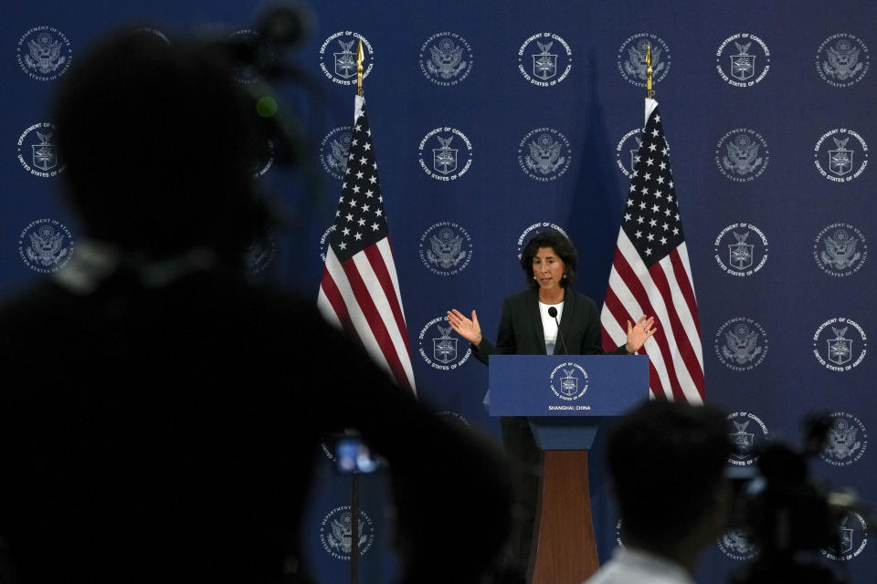 U.S. Commerce Secretary Gina Raimondo speaks during the press conference at the Boeing Shanghai Aviation Service Co., Ltd, in Shanghai, China, Wednesday, Aug. 30, 2023. (AP Photo/Andy Wong, Pool)