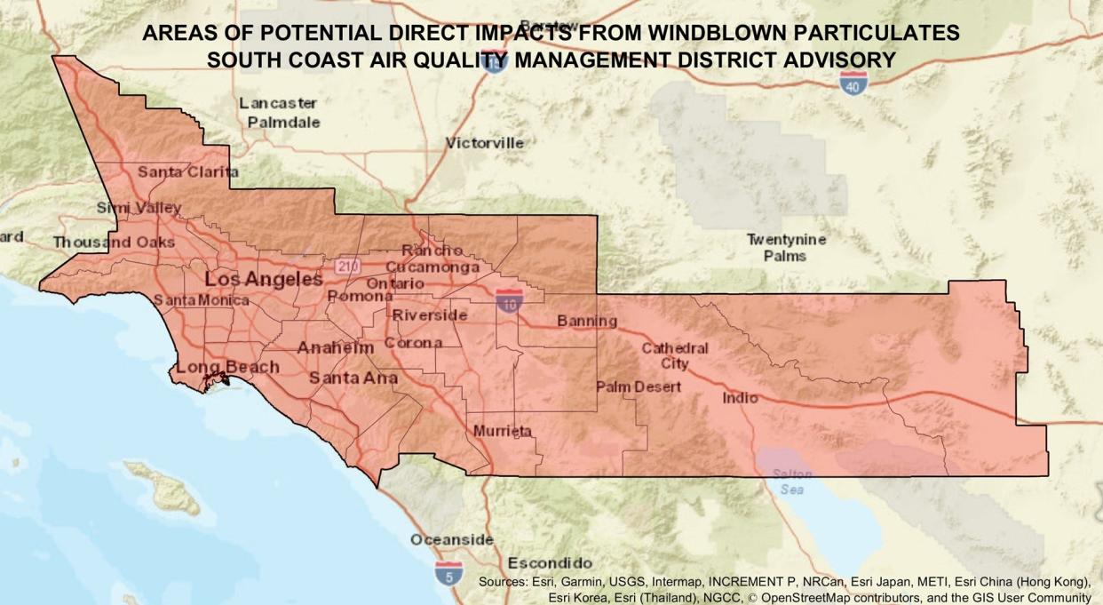 The South Coast Air Quality Management District issued a windblown dust advisory for its entire jurisdiction through Sunday, due to high winds and dry conditions.