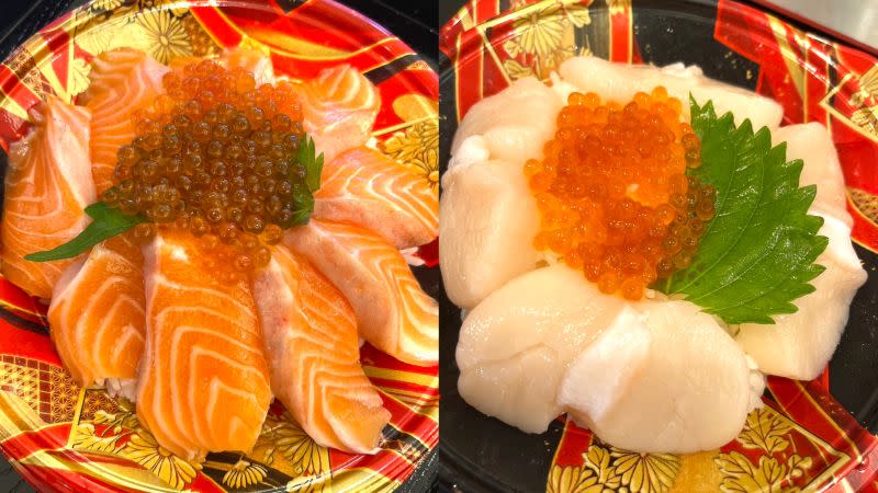 ▲壽司郎「日本北海道產貝柱蓋飯」、「豪華鮭魚親子蓋飯」只在新光三越台北南西店「第十二回日本商品展」吃得到。（圖／記者蕭涵云攝）