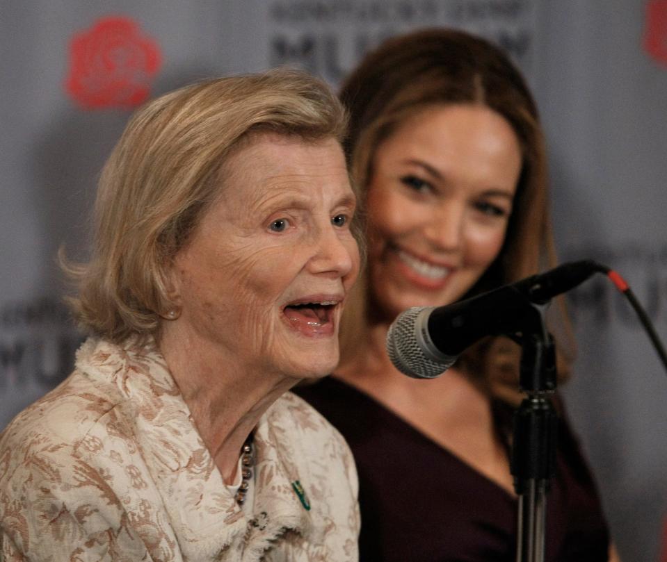 Actress Diane Lane looks on as Penny Chenery, owner of Triple Crown winner Secretariat, speaks during a news conference about the movie based on the story of the legendary horse in Louisville, Ky., Thursday, April 29, 2010. Lane portrays Chenery in the movie.  