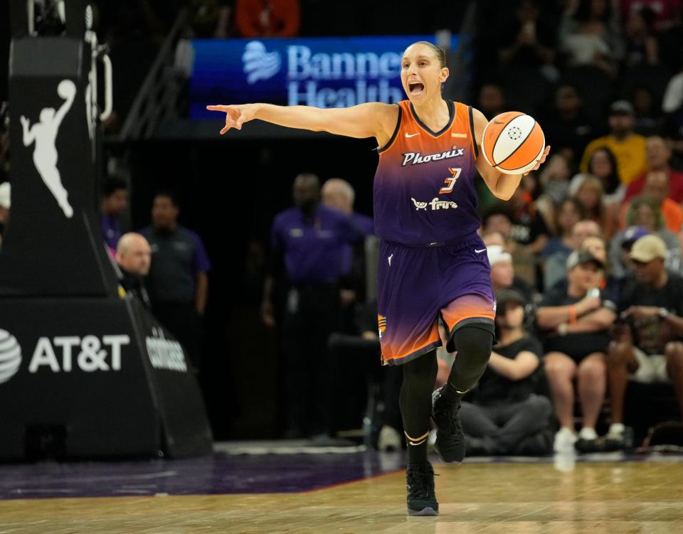 Phoenix Mercury guard Diana Taurasi (3) directs her teammates during the third quarter against the Seattle Storm at Footprint Center in Phoenix on Sunday, June 16, 2024.