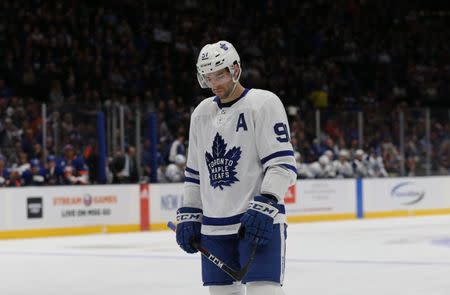 Feb 28, 2019; Brooklyn, NY, USA; Toronto Maple Leafs center John Tavares (91) reacts during the first period against the New York Islanders at the Nassau Veterans Memorial Coliseum. Mandatory Credit: Brad Penner-USA TODAY Sports