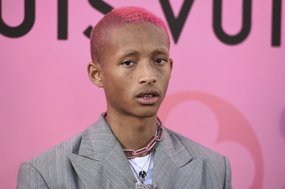 FILE - Jaden Smith arrives at the unveiling of Louis Vuitton X - Louis Vuitton in Collaboration, June 27, 2019, in Beverly Hills, Calif. Tanisha Ford, a history professor at The Graduate Center at the City University of New York, noted how male artists — specifically male artists of color like Bad Bunny; Tyler, The Creator and Jaden Smith — have generated more complex conversations about masculinity by wearing pink clothing. (Photo by Jordan Strauss/Invision/AP, File)