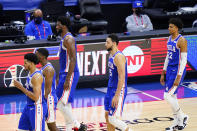 Philadelphia 76ers' players walk to the bench during a timeout during the second half of Game 5 in a second-round NBA basketball playoff series against the Atlanta Hawks, Wednesday, June 16, 2021, in Philadelphia. (AP Photo/Matt Slocum)