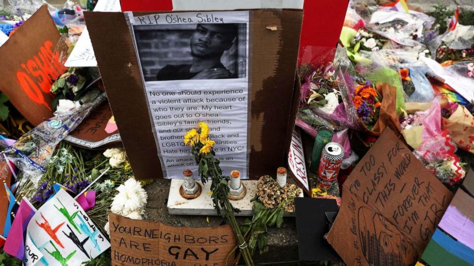 PHOTO: A makeshift memorial for O'Shae Sibley, a 28-year-old who was killed while dancing to a Beyonce song, sits near the site of the stabbing death at a gas station in Brooklyn, New York, on Aug. 7, 2023. (Shannon Stapleton/Reuters)