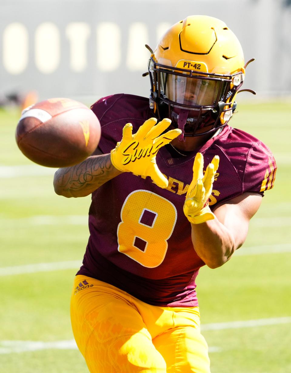 Arizona State wide receiver Javen Jacobs (8) during football practice at the Kajikawa Practice fields in Tempe on March 28, 2023.