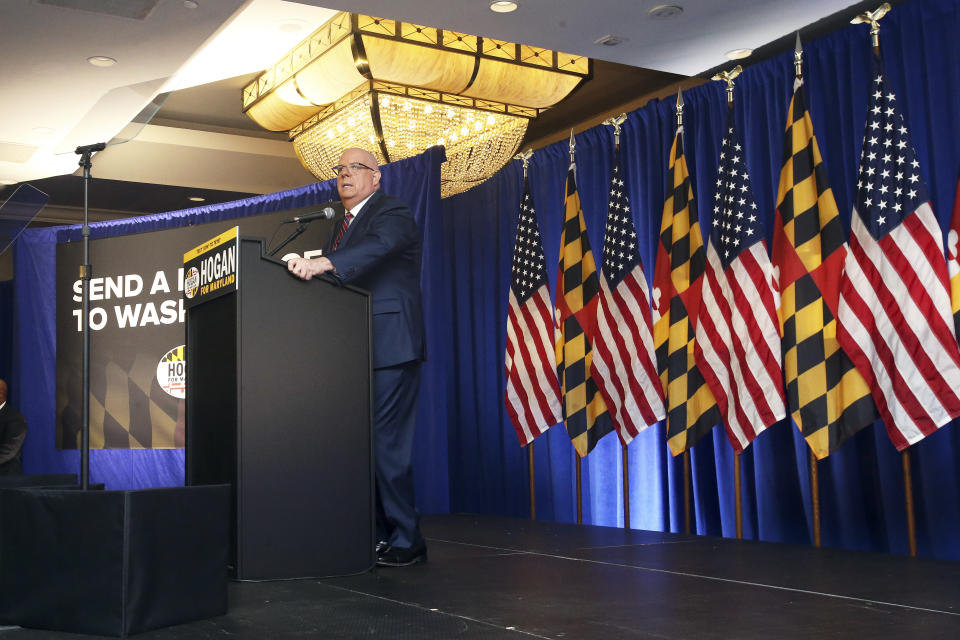Former Maryland Gov. Larry Hogan speaks during a primary night election party Tuesday, May 14, 2024, in Annapolis, Md., after he won the GOP nomination for the U.S. Senate seat opened by Democratic Sen. Ben Cardin's retirement. (AP Photo/Daniel Kucin Jr.)