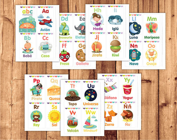 $5.00,&nbsp;Little Graphics. <a href="https://www.etsy.com/listing/225964487/spanish-flashcards-for-kids-printable?ref=related-5" target="_blank">Buy it here.<br /><br /></a>While your kids are learning their ABCs in school, take out these colorful flashcards at home to teach them their ABCs in Spanish. The quirky illustrations&nbsp;make them fun and easy tools for&nbsp;raising a&nbsp;bilingual child.