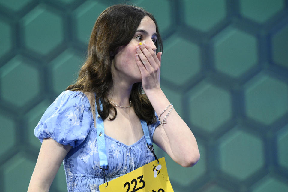 Charlotte Walsh, 14, from Arlington, Va., reacts during the Scripps National Spelling Bee, Wednesday, May 31, 2023, in Oxon Hill, Md. (AP Photo/Nick Wass)