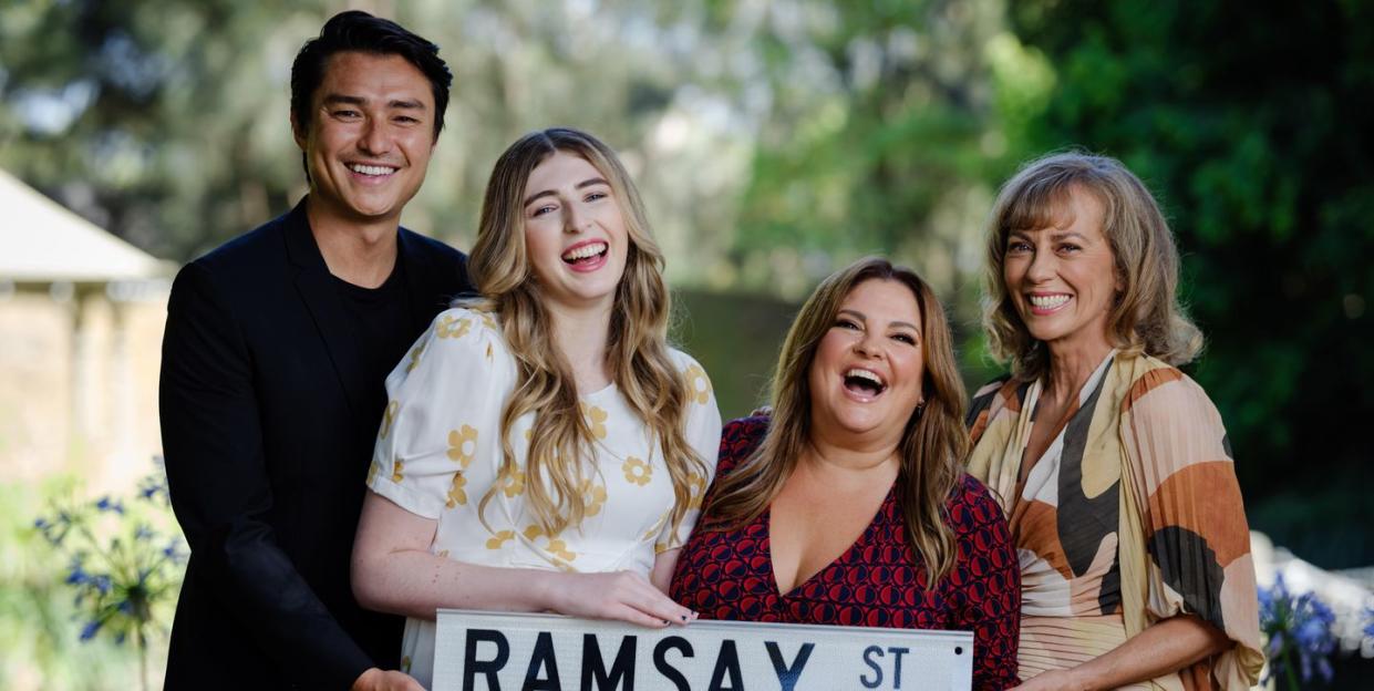 tim kano, georgie stone, rebekah elmaloglou annie jones in neighbours revival promotional pictures