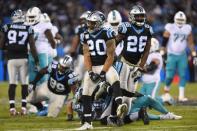 Nov 13, 2017; Charlotte, NC, USA; Carolina Panthers free safety Kurt Coleman (20) reacts in the third quarter at Bank of America Stadium. Bob Donnan-USA TODAY Sports