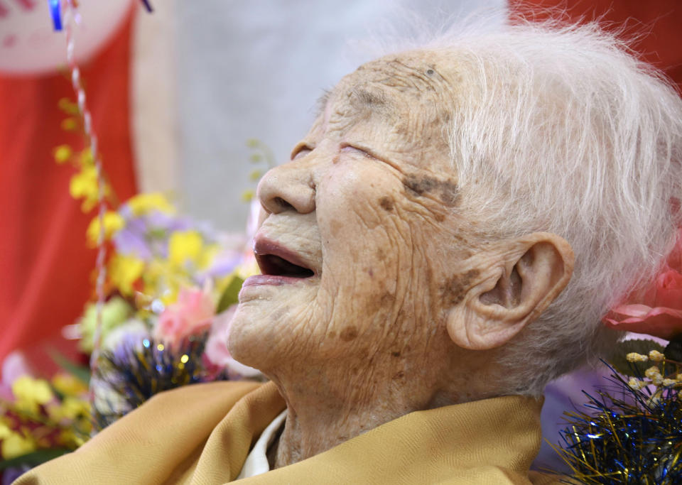 Kane Tanaka, born in 1903, smiles as a nursing home celebrates three days after her 117th birthday in Fukuoka, Japan, in this photo taken by Kyodo January 5, 2020. Mandatory credit Kyodo/via REUTERS ATTENTION EDITORS - THIS IMAGE WAS PROVIDED BY A THIRD PARTY. MANDATORY CREDIT. JAPAN OUT. NO COMMERCIAL OR EDITORIAL SALES IN JAPAN.